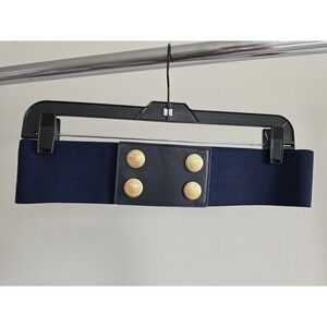 Vintage Omega Navy Blue Elastic Cinch Belt Gold Crest Buttons Leather USA Made
